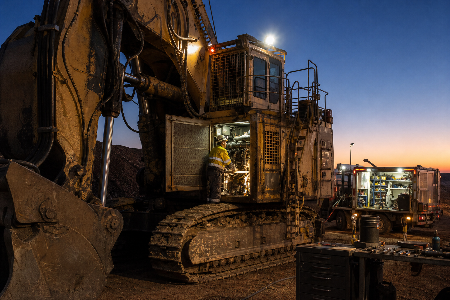 Heavy equipment receiving field breakdown support at dusk
