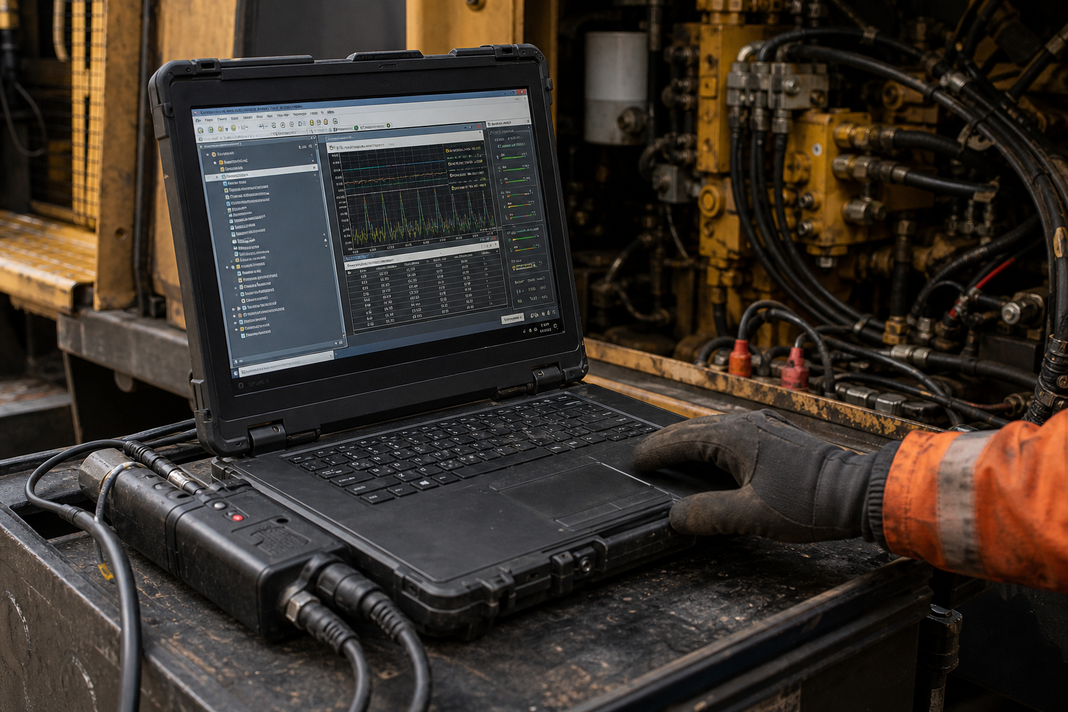Diagnostic laptop connected to heavy machinery