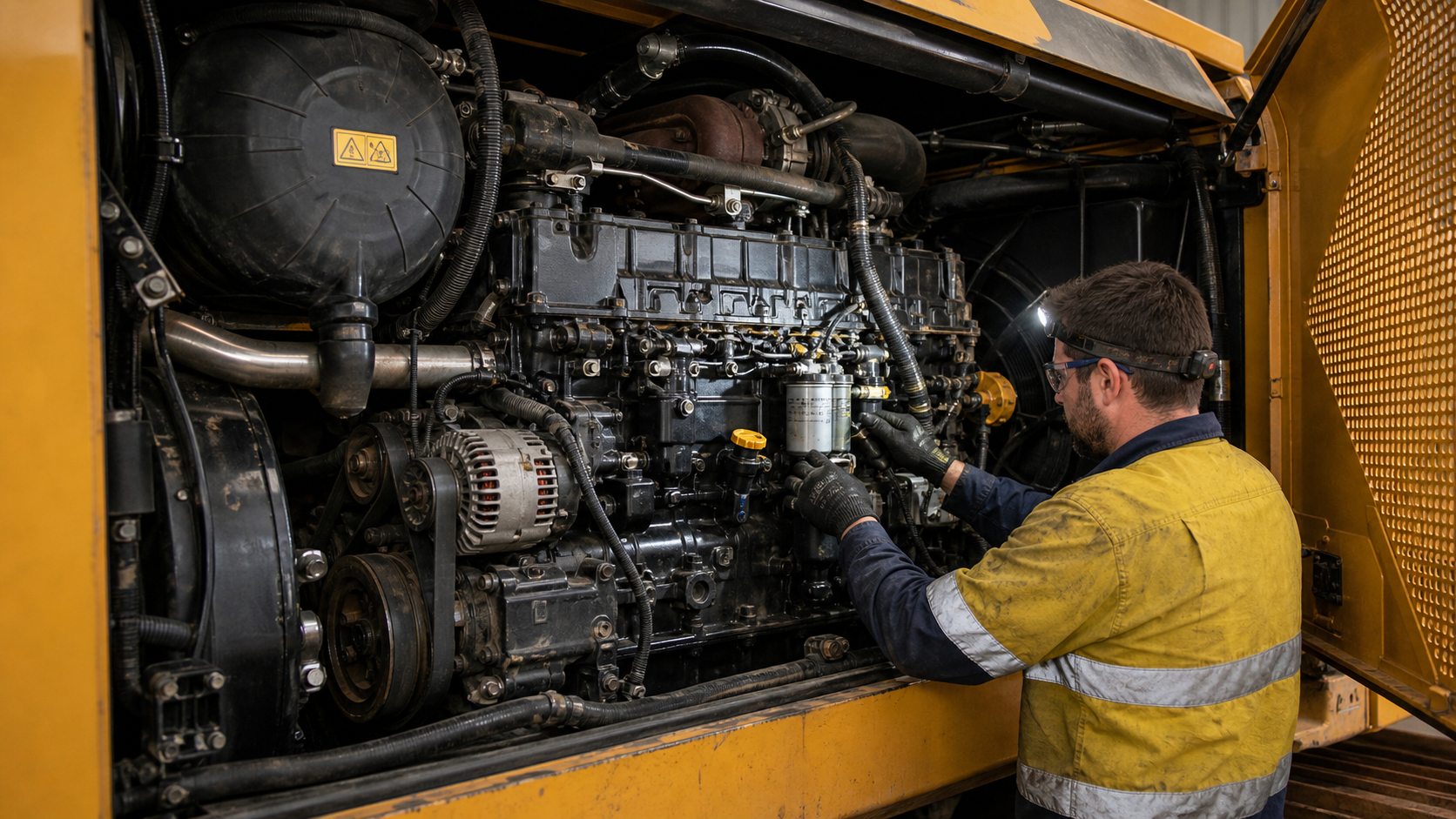 Heavy diesel engine bay during repair work