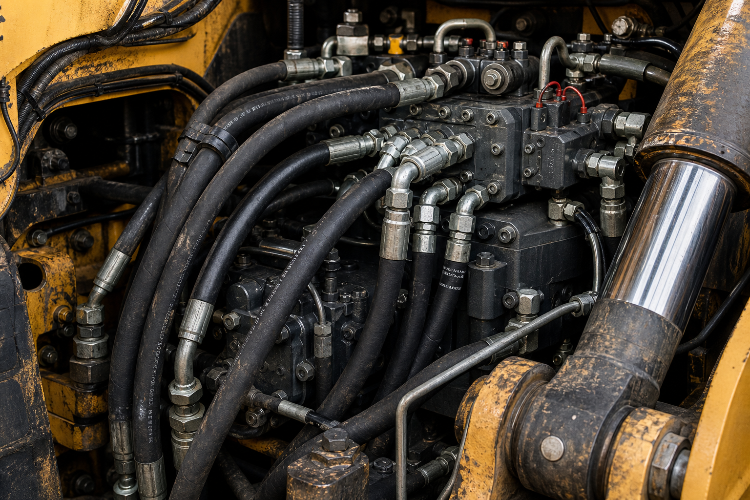 Close-up of hydraulic hoses and fittings on heavy equipment