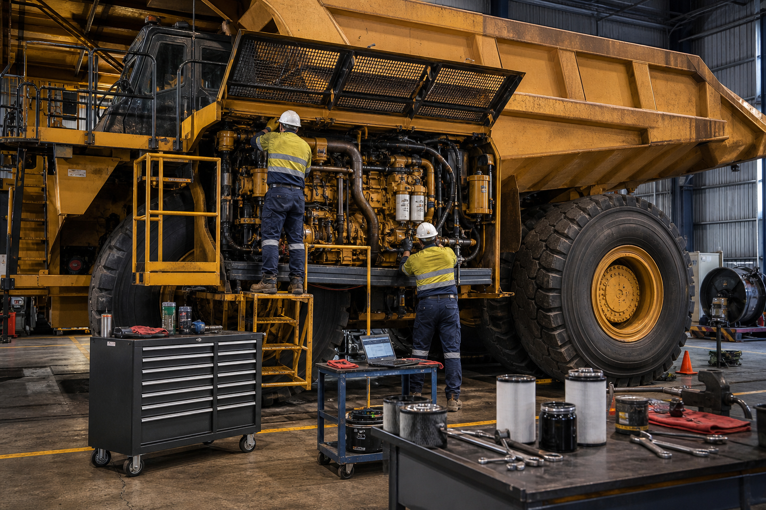 Heavy equipment undergoing planned preventative maintenance